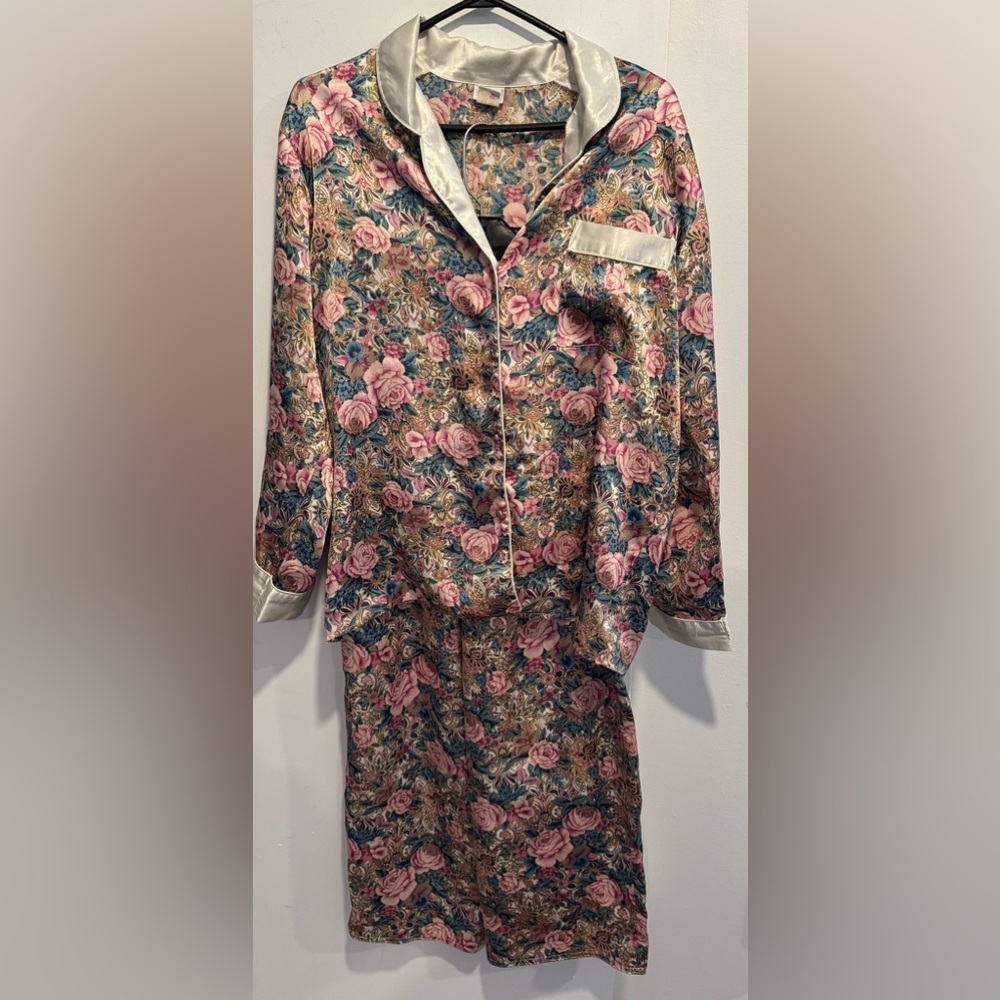 Vintage La Senza 2pc set floral satin pyjamas button up pants pink 90s roses Sm